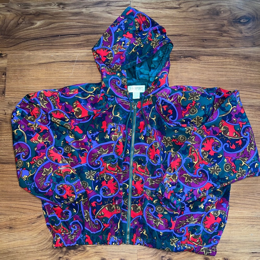 Vintage SG Sport Collection Baroque Paisley Hooded Windbreaker Jacket XL 18/20